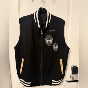 Vintage 2000s Ed Hardy Black Sleeveless Zip Vest, Skull Patches, Tan Pocket Trim